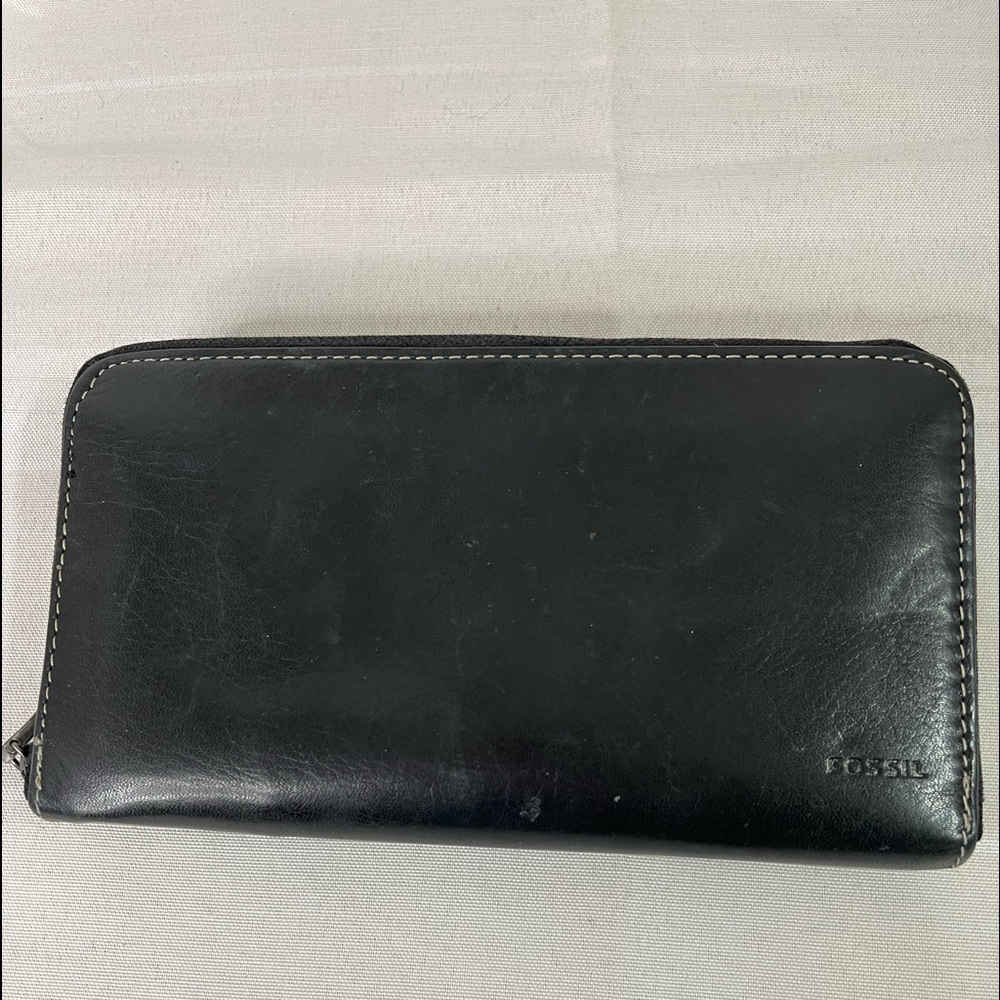 Fossil black zip around leather wallet